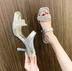 Concise Crystal Open Toe Pull On Slide Pull On Square Heel High Heels