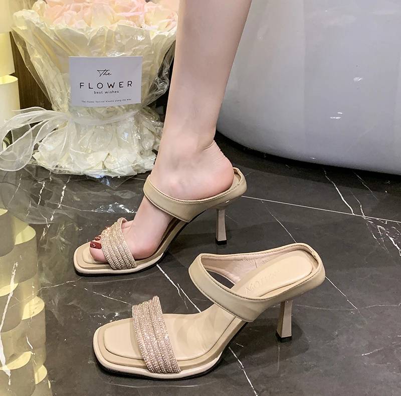 Concise Crystal Open Toe Pull On Slide Pull On Square Heel High Heels