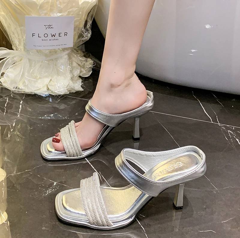 Concise Crystal Open Toe Pull On Slide Pull On Square Heel High Heels
