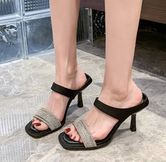 Concise Crystal Open Toe Pull On Slide Pull On Square Heel High Heels