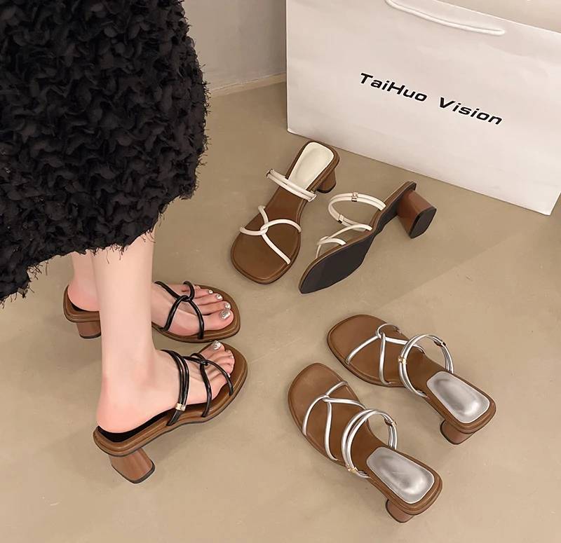 Concise Narrow Band Thick Heels Mules Slide Sandals