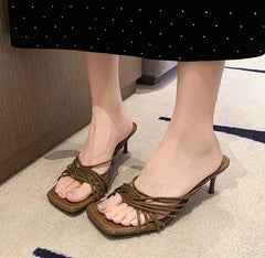 Concise Rubber Narrow Band Evening Square Heel Party Sandals
