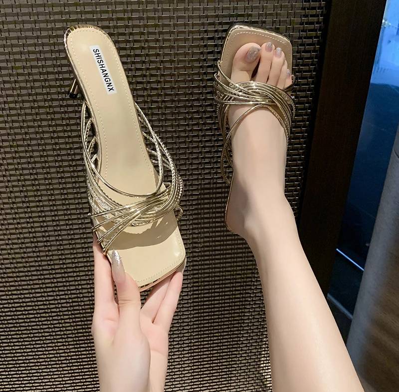 Concise Rubber Narrow Band Evening Square Heel Party Sandals