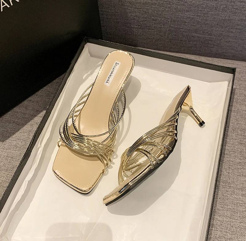 Concise Rubber Narrow Band Evening Square Heel Party Sandals