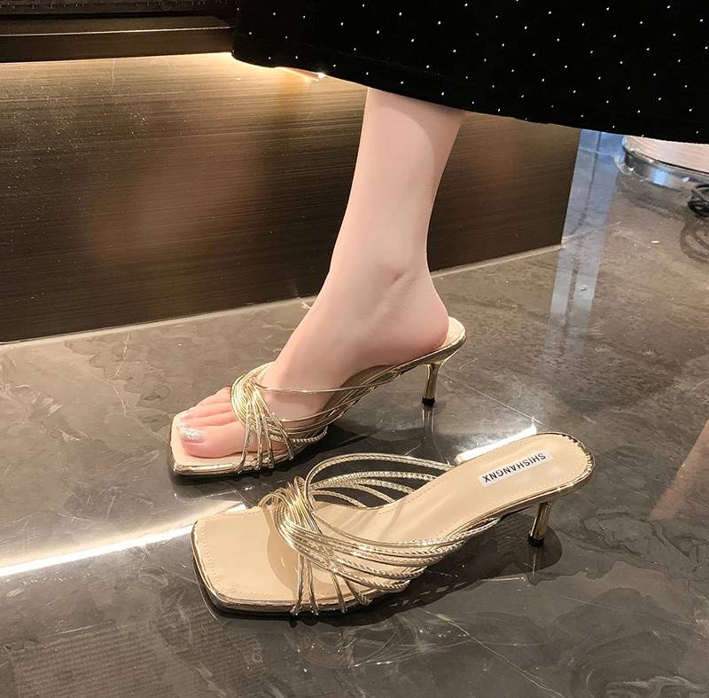 Concise Rubber Narrow Band Evening Square Heel Party Sandals