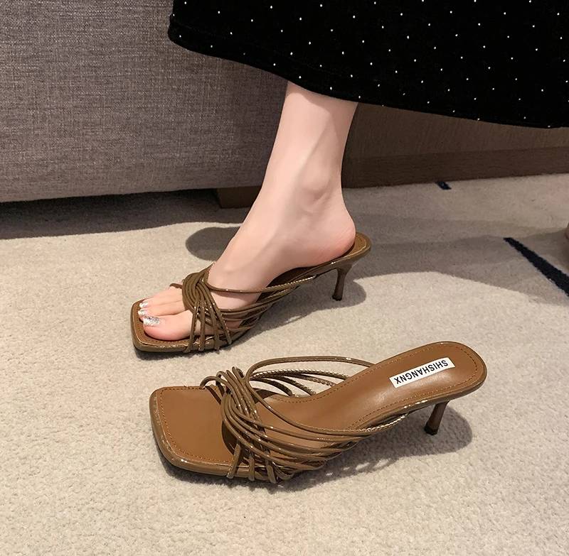 Concise Rubber Narrow Band Evening Square Heel Party Sandals