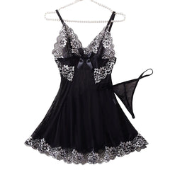 Contrast Black Lingerie Underwear Sleepwear Lace Nightdress And Thongs Pijamas Sets Female Nighty