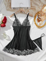 Contrast Black Lingerie Underwear Sleepwear Lace Nightdress And Thongs Pijamas Sets Female Nighty