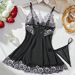 Contrast Black Lingerie Underwear Transparent Sleepwear Lace Nightdress And Thongs Pijamas Sets Female Nighty