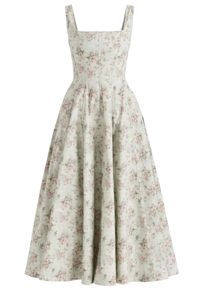 Corset A Line Midi Dress Floral Green