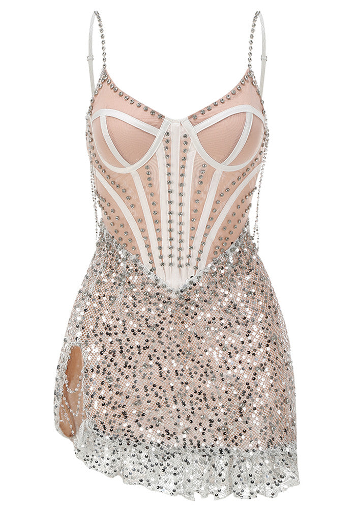 Bustier Sequin Dress Nude Silver