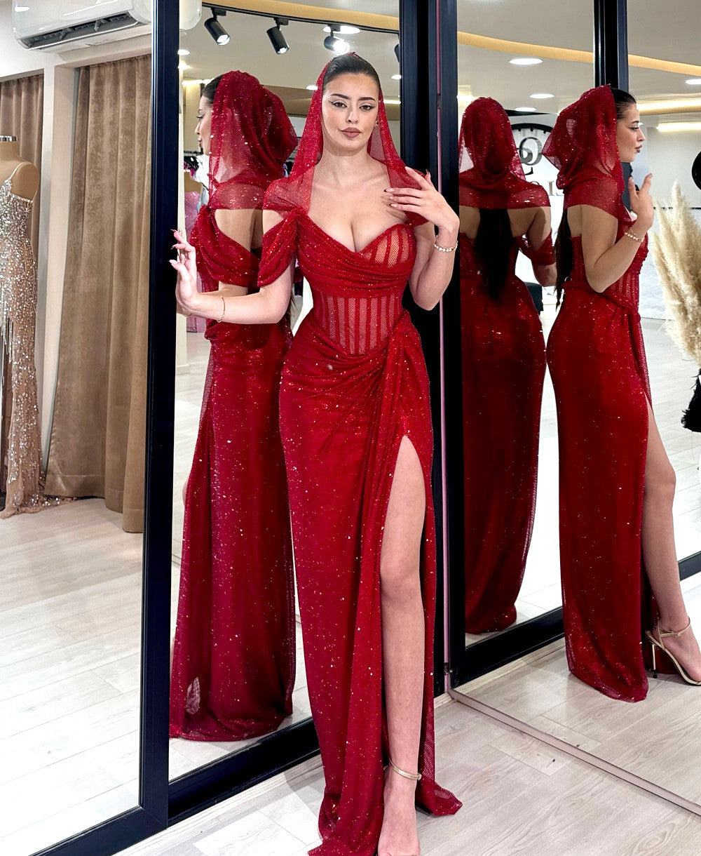 Corset Sparkly Maxi Dress Red