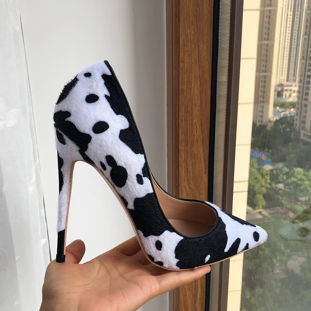 Cow Print Hairy Flock Slip On Stiletto Pointy Toe High Heel Shoes