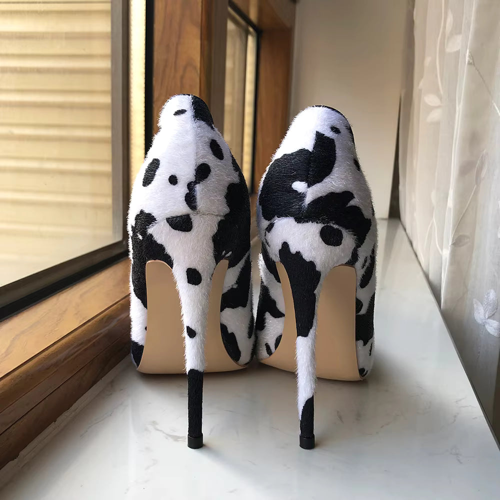 Cow Print Hairy Flock Slip On Stiletto Pointy Toe High Heel Shoes