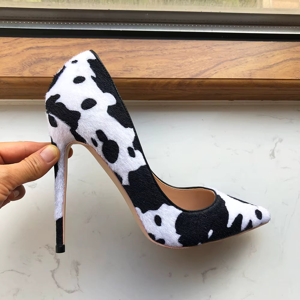 Cow Print Hairy Flock Slip On Stiletto Pointy Toe High Heel Shoes
