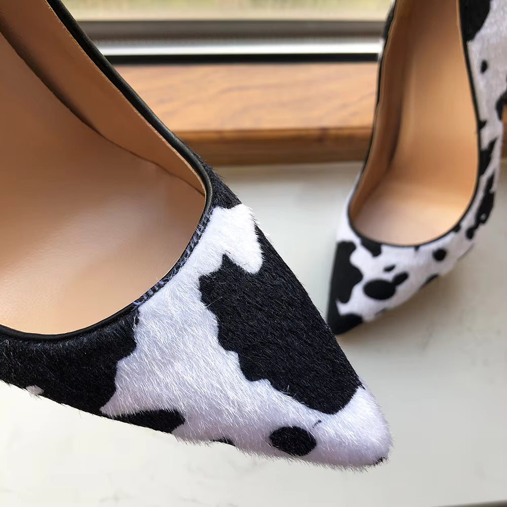Cow Print Hairy Flock Slip On Stiletto Pointy Toe High Heel Shoes