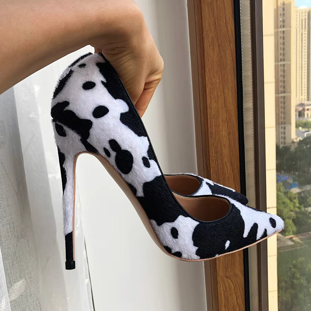 Cow Print Hairy Flock Slip On Stiletto Pointy Toe High Heel Shoes