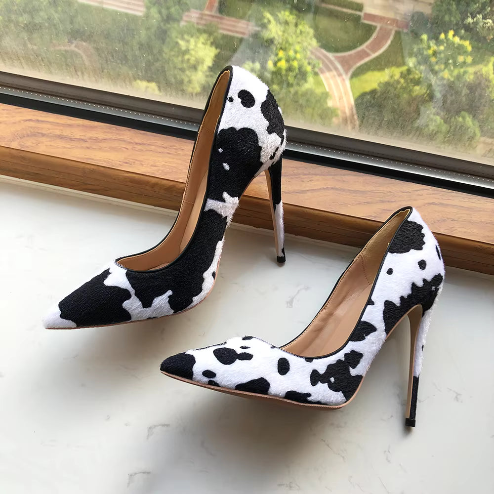 Cow Print Hairy Flock Slip On Stiletto Pointy Toe High Heel Shoes
