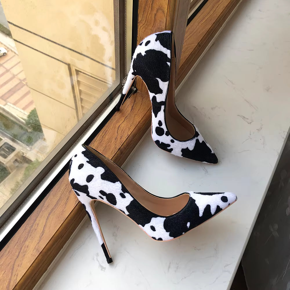 Cow Print Hairy Flock Slip On Stiletto Pointy Toe High Heel Shoes