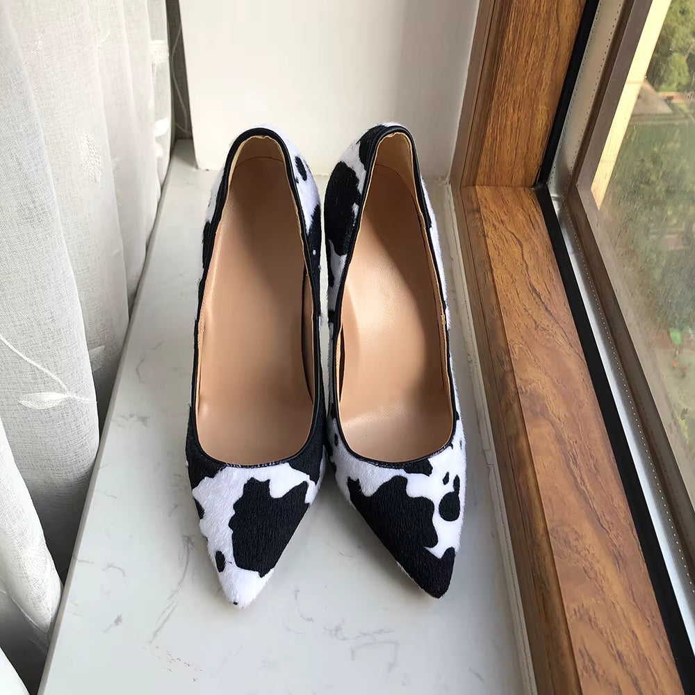 Cow Print Hairy Flock Slip On Stiletto Pointy Toe High Heel Shoes