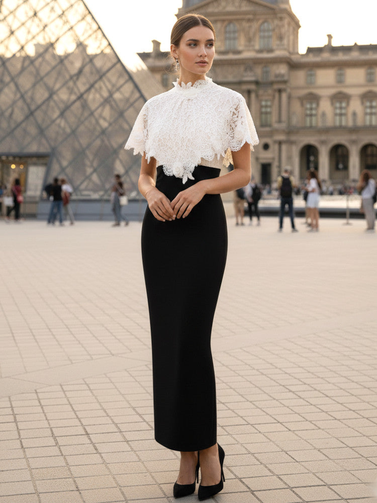 Crochet Detail Midi Dress Black White