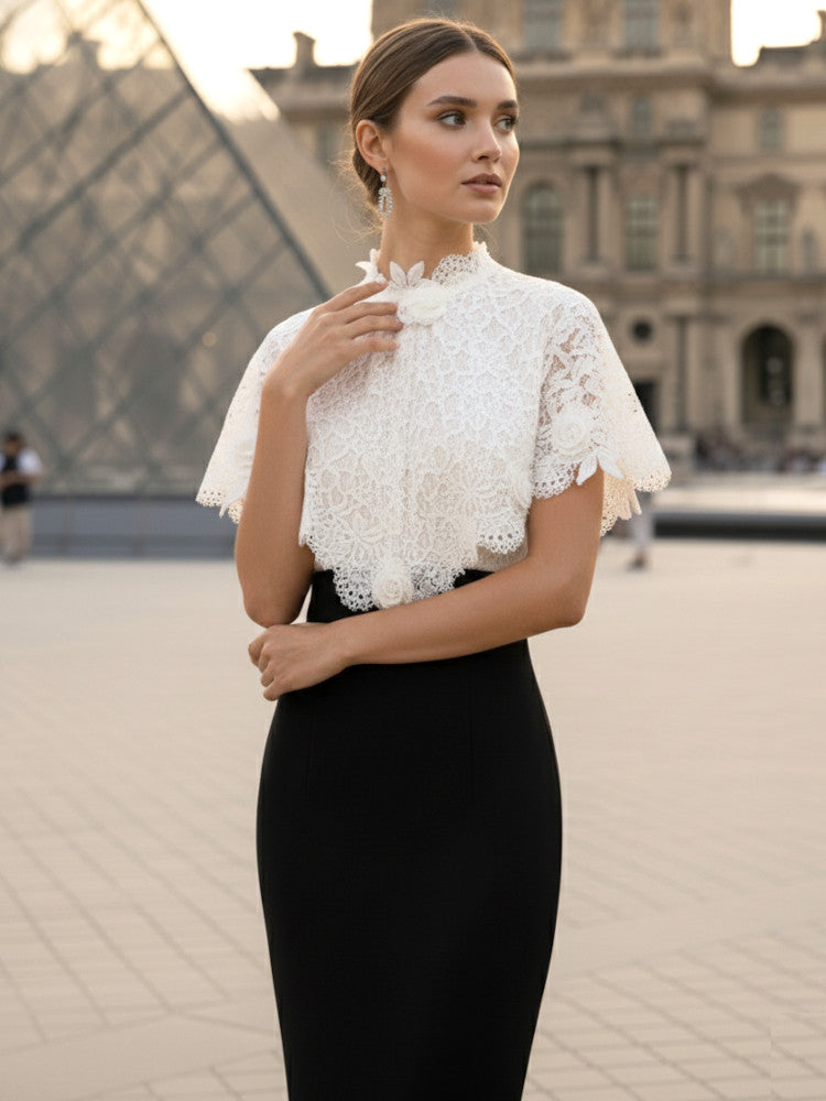 Crochet Detail Midi Dress Black White