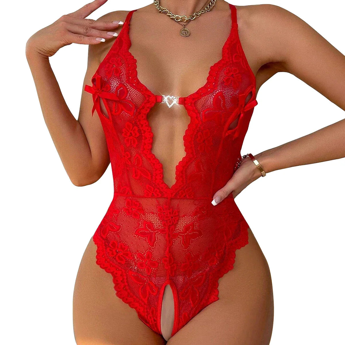 Crotchless Naughty Lingerie Lace Hollow Bodysuit Erotic Pajamas Teddy Babydoll Dress Deep V Open Bra Porn Underwear