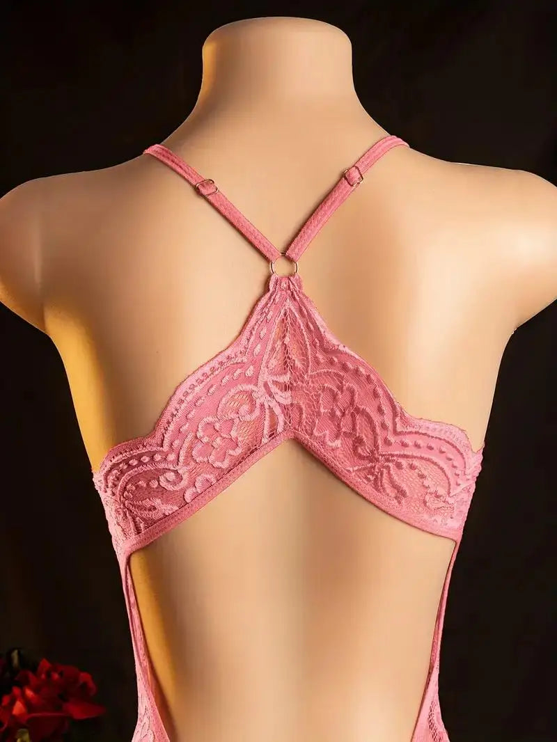 Crotchless Pink Lingerie Hollow Bodysuits Erotic Costumes Teddy Babydoll Dress Deep V Open Bra Female Porn Underwear