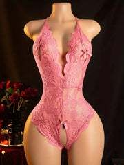 Crotchless Pink Lingerie Hollow Bodysuits Erotic Costumes Teddy Babydoll Dress Deep V Open Bra Female Porn Underwear