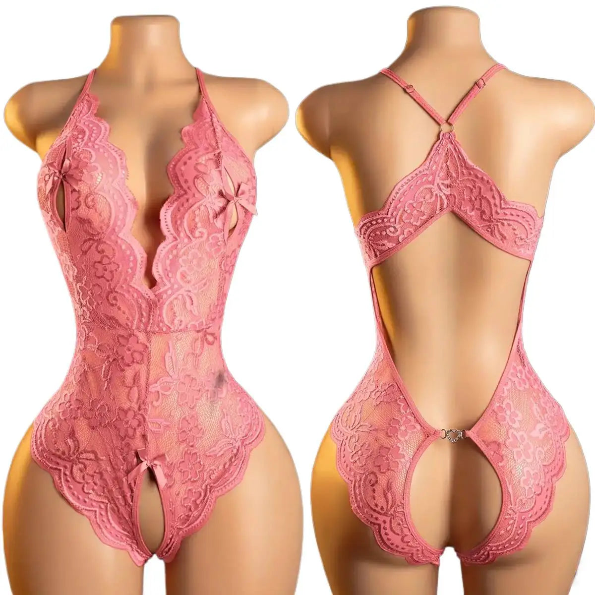 Crotchless Pink Lingerie Hollow Bodysuits Erotic Costumes Teddy Babydoll Dress Deep V Open Bra Female Porn Underwear