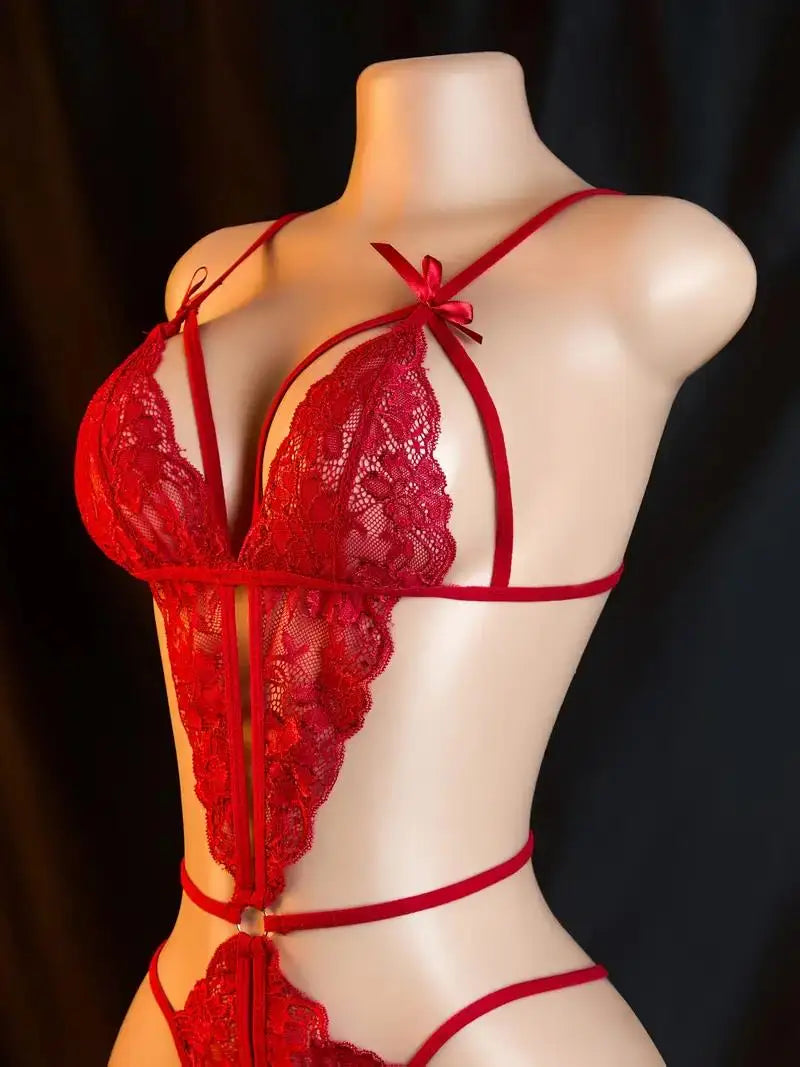 Crotchless Red Lingerie Lace Hollow Bra Set Erotic Costumes Teddy Baby Doll Dress Deep V Open Bra Sexiest Bodysuits