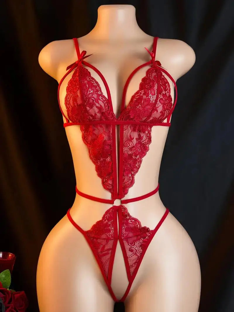 Crotchless Red Lingerie Lace Hollow Bra Set Erotic Costumes Teddy Baby Doll Dress Deep V Open Bra Sexiest Bodysuits
