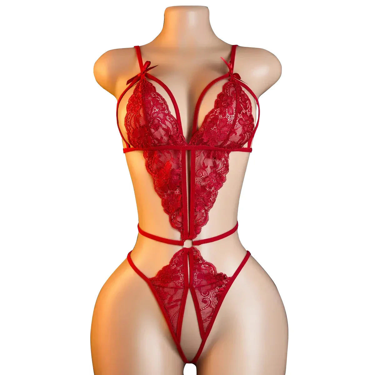 Crotchless Red Lingerie Lace Hollow Bra Set Erotic Costumes Teddy Baby Doll Dress Deep V Open Bra Sexiest Bodysuits