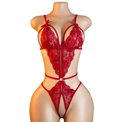 Crotchless Red Lingerie Lace Hollow Bra Set Erotic Costumes Teddy Baby Doll Dress Deep V Open Bra Sexiest Bodysuits
