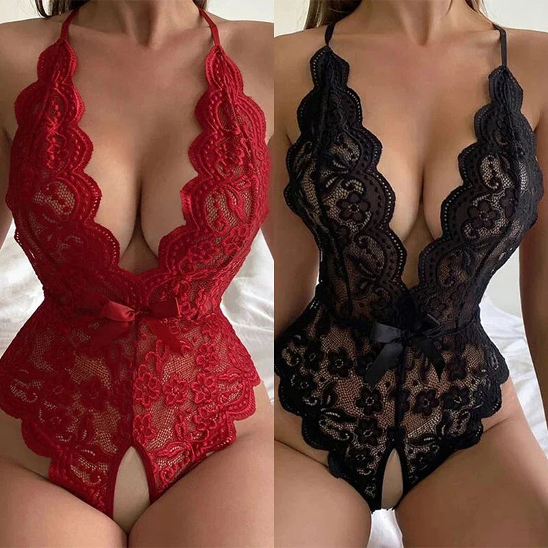 Crotchless Red Underwear Lace Hollow Bra Set Erotic Costume Teddy Baby Doll Dress Deep V Open Bra Bow Lingerie Set