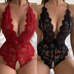 Crotchless Red Underwear Lace Hollow Bra Set Erotic Costume Teddy Baby Doll Dress Deep V Open Bra Bow Lingerie Set