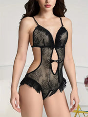 Crothless Lingerie Bodysuit Lace Underwear Transparent Hollow Out Fetish Babydoll Dress Open Croth Erotic Costume
