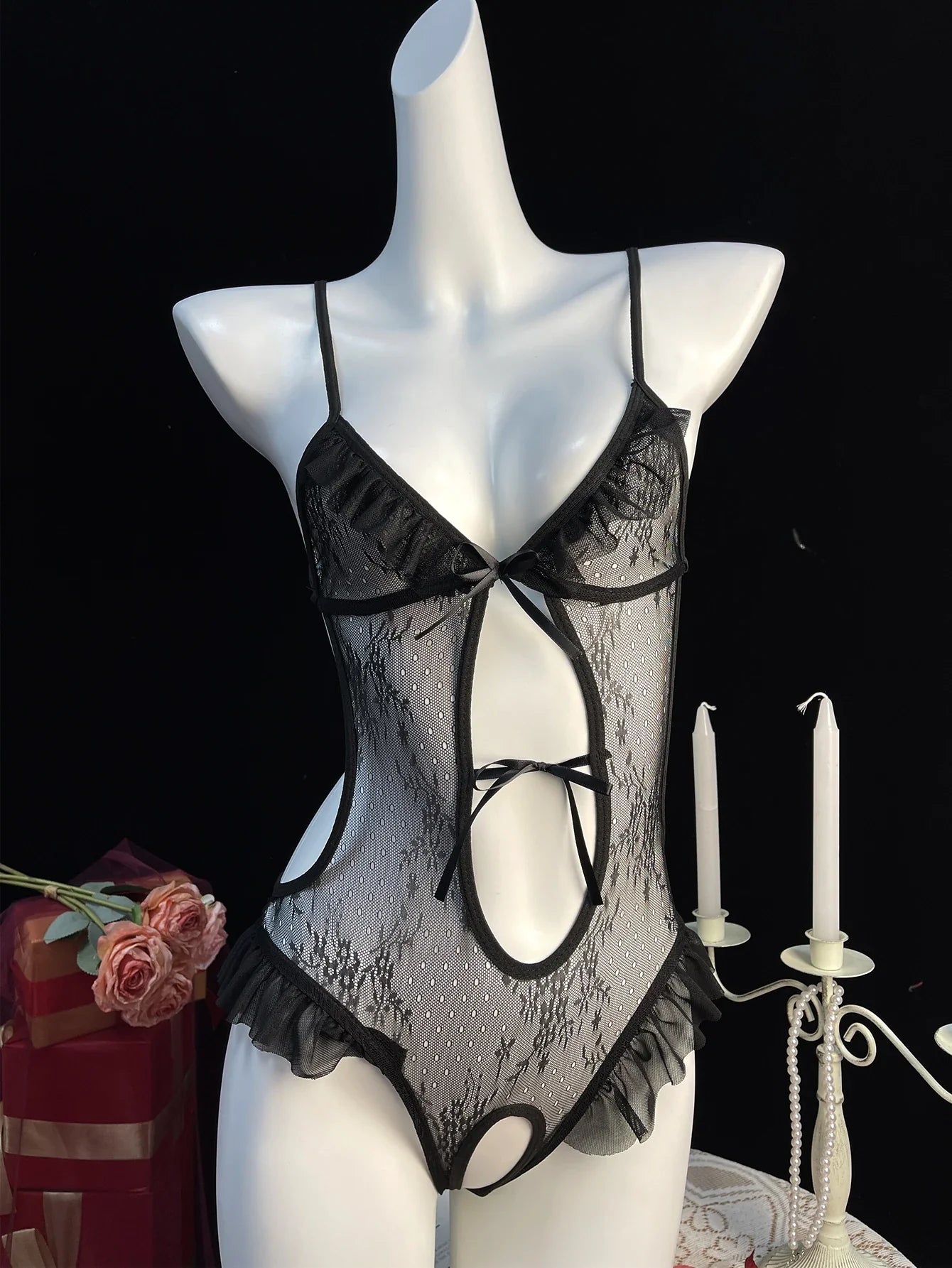 Crothless Lingerie Bodysuit Lace Underwear Transparent Hollow Out Fetish Babydoll Dress Open Croth Erotic Costume