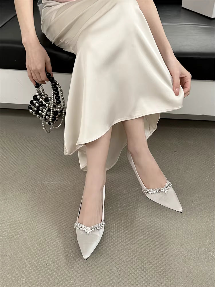 Crystal Banquet Design Slip-On Pointed Toe Thin High Heels