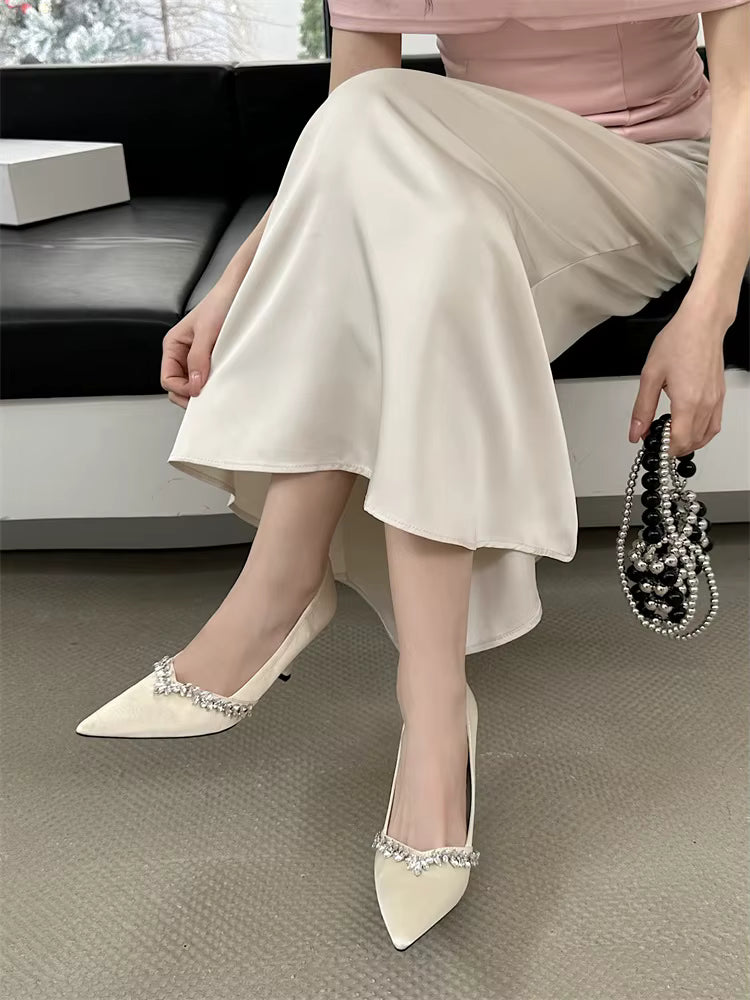 Crystal Banquet Design Slip-On Pointed Toe Thin High Heels