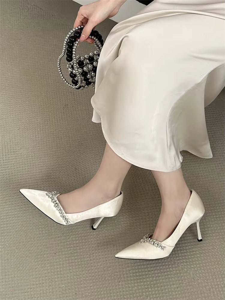 Crystal Banquet Design Slip-On Pointed Toe Thin High Heels