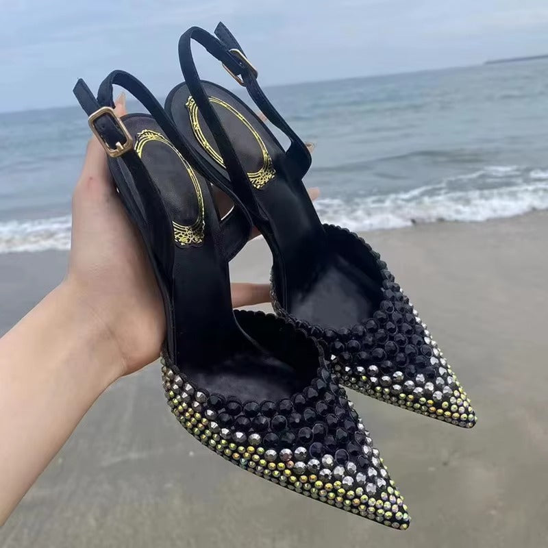 Luxury Rhinestones Gradient Slingbacks Crystal Banquet Stiletto High Heels Party Prom Shoes