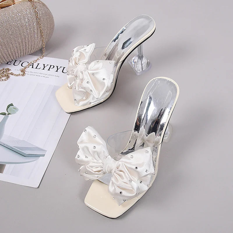 Crystal Bow PVC Transparent Slides Open Toe High Heels Pumps