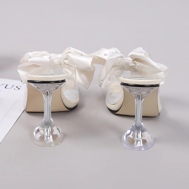 Crystal Bow PVC Transparent Slides Open Toe High Heels Pumps