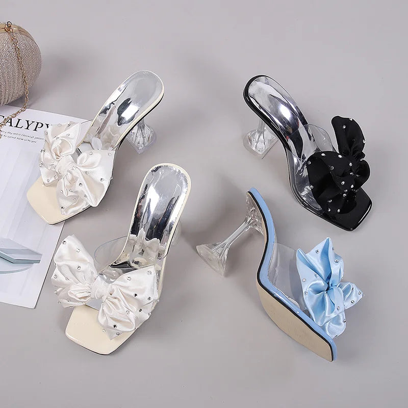 Crystal Bow PVC Transparent Slides Open Toe High Heels Pumps