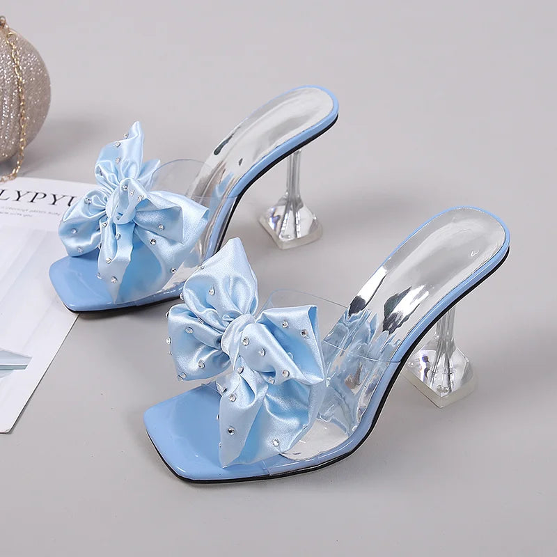 Crystal Bow PVC Transparent Slides Open Toe High Heels Pumps