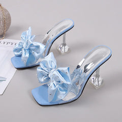 Crystal Bow PVC Transparent Slides Open Toe High Heels Pumps