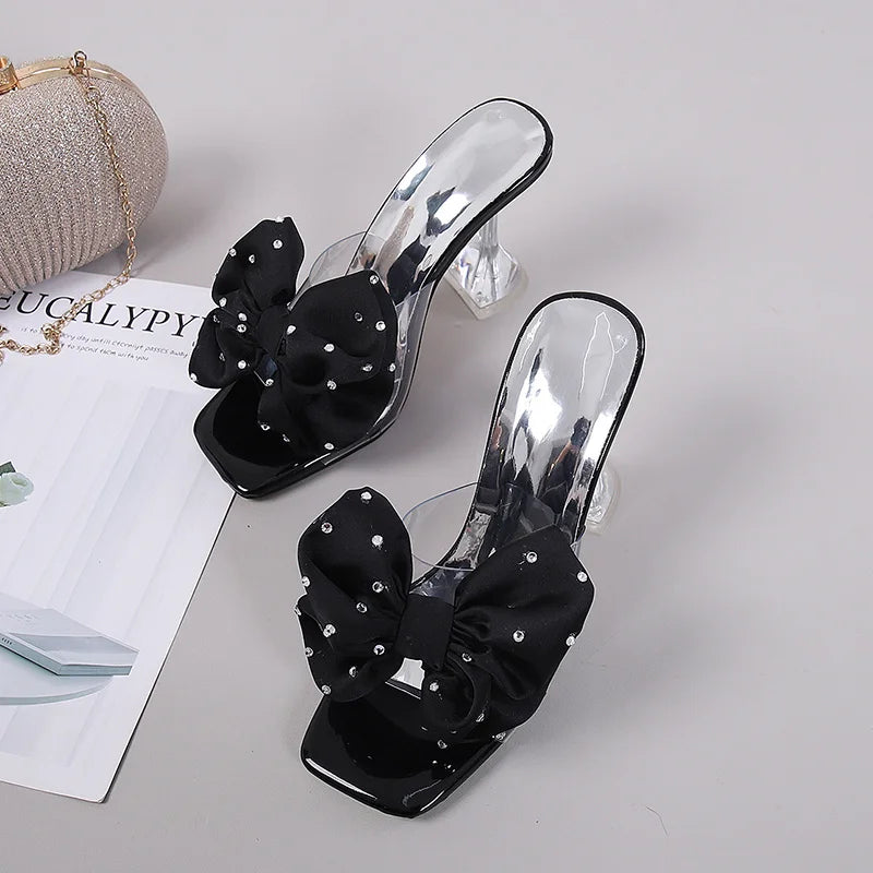 Crystal Bow PVC Transparent Slides Open Toe High Heels Pumps