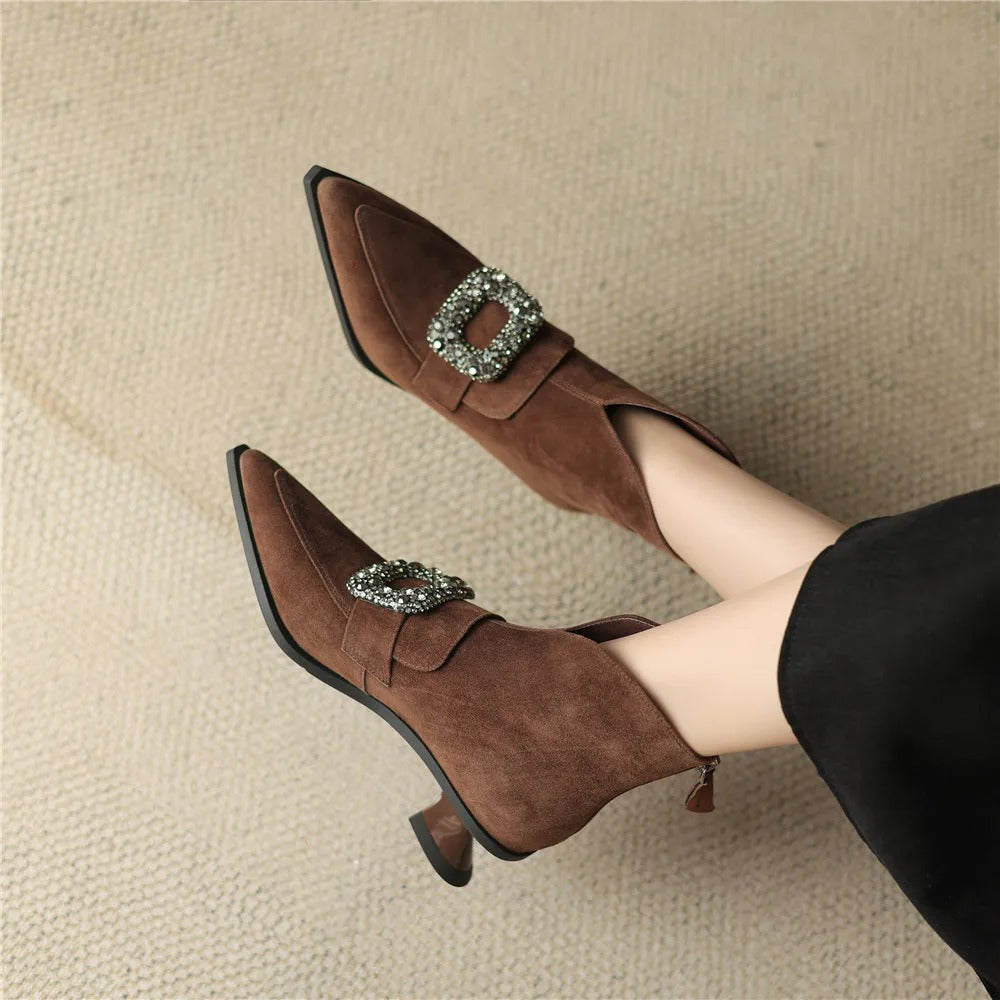 Crystal Buckle Kid Suede Strange Heels Pointed Toe Warm Short Plush Solid Color Ankle Boots