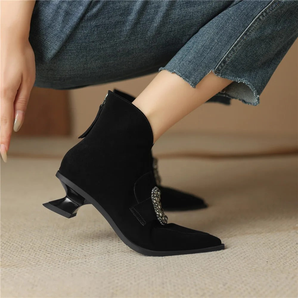 Crystal Buckle Kid Suede Strange Heels Pointed Toe Warm Short Plush Solid Color Ankle Boots